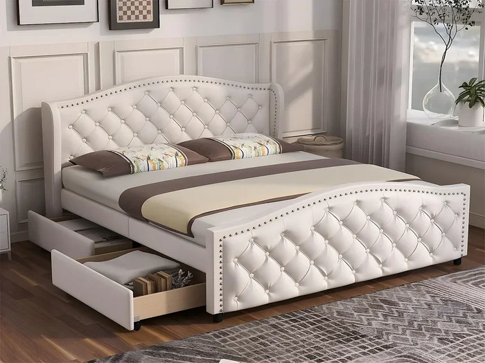 Cama para adultos acolchada en símil piel – 160x200cm – con 2 cajones – Blanco