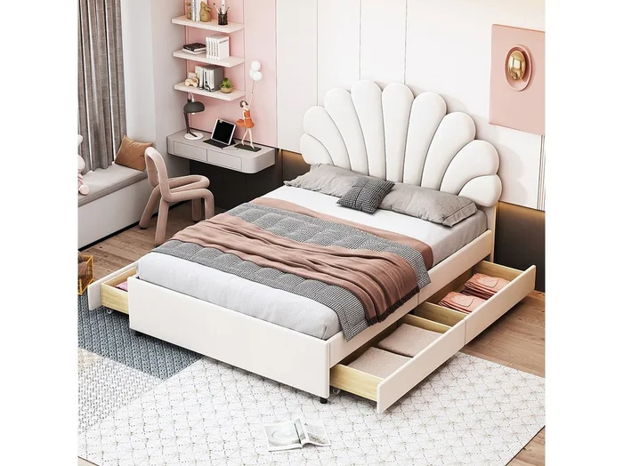 Cama para adultos de 140 x 200 cm – terciopelo beige – con cabecero tapizado y somier – 4 cajones – sin colchón