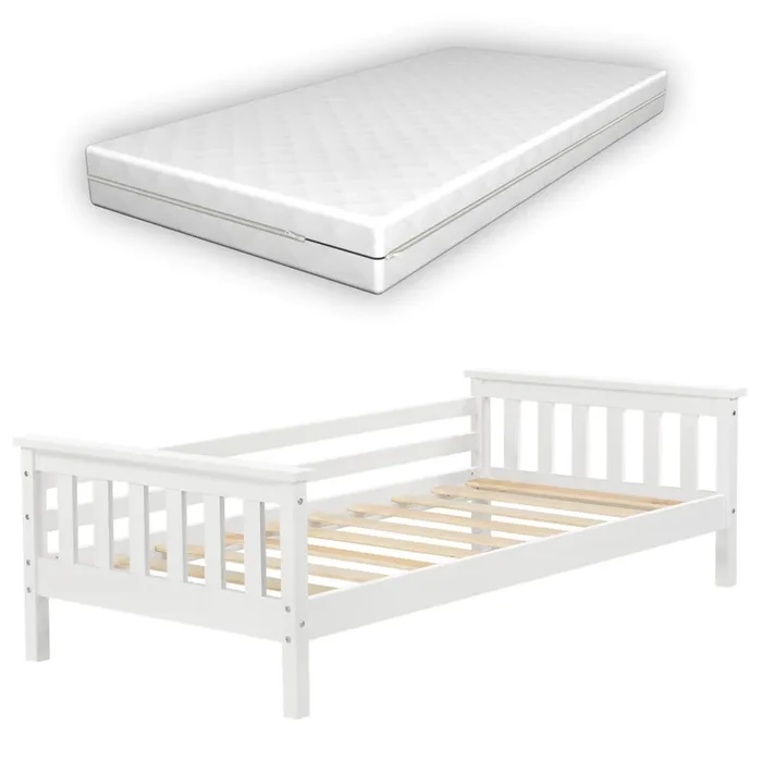 Cama para niños Nuuk con colchón somier y protección contra caídas – máx. 50 kg – pino 70 x 140 cm – Blanco [en.casa]