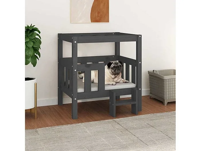 Cama para perros madera maciza de pino gris 65,5×50,5×70 cm