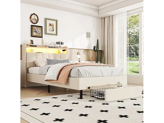 Cama plana de 90 * 200cm, cama tapizada, lámpara de calor LED, toma USB, cabecero abatible, caja de almacenaje integrada, caja de cama, beige