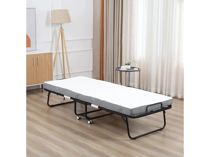 Cama plegable para invitados 200x75x42,5cm en acero y espuma, con ruedas, Blanco y Negro