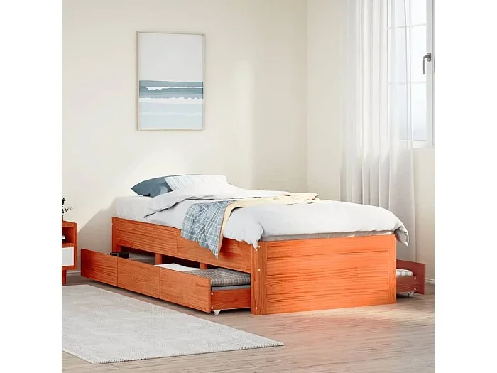 Cama sin colchón con cajones madera de pino marrón 100×200 cm