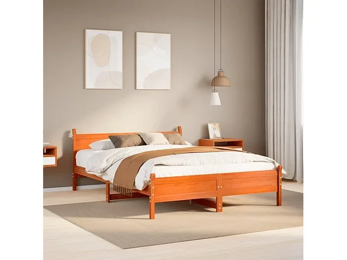 Cama sin colchón madera maciza de pino marrón cera 140×190 cm