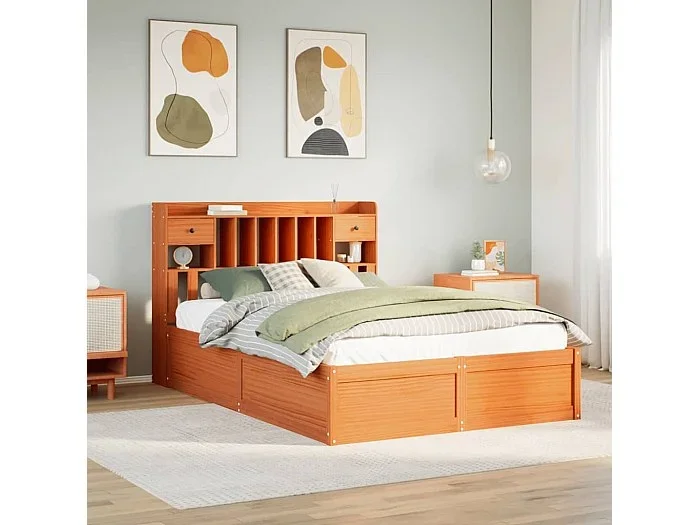 Cama sin colchón madera maciza de pino marrón cera 140×200 cm