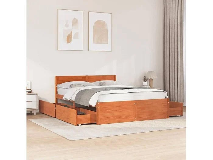 Cama sin colchón madera maciza de pino marrón cera 140×200 cm