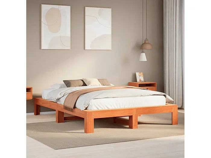Cama sin colchón madera maciza de pino marrón cera 160×200 cm