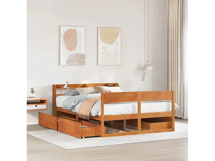 Cama sin colchón madera maciza de pino marrón cera 160×200 cm
