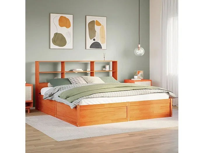 Cama sin colchón madera maciza de pino marrón cera 180×200 cm