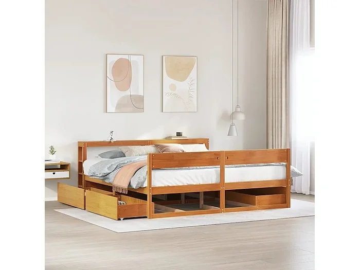Cama sin colchón madera maciza de pino marrón cera 180×200 cm