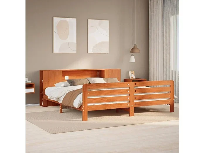 Cama sin colchón madera maciza de pino marrón cera 200×200 cm