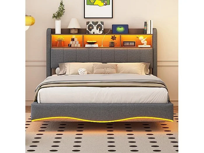 Cama tapizada 140*200 en diseño suspendido, tela de lino, con luces LED, puertos USB y TYPE-C, gris
