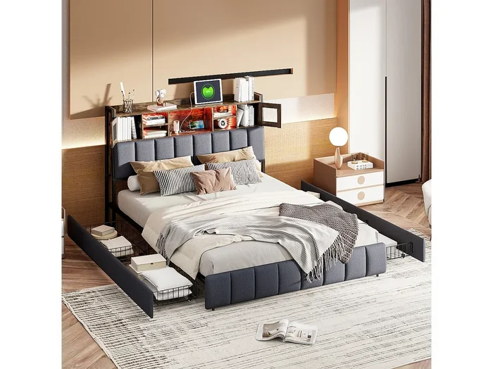 Cama tapizada 140×200 cm, cabecero LED con compartimento de almacenaje y USB, cama doble, color negro