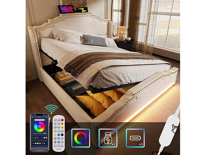 Cama tapizada 140×200, doble con almacenamiento hidráulico, iluminación LED y puerto de carga USB-C, con somier de láminas, terciopelo, beige.