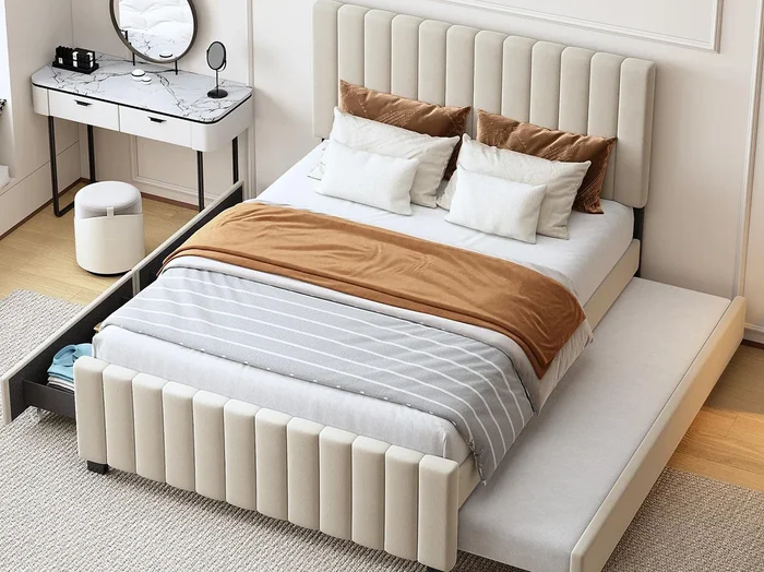 Cama tapizada 140×190 cm – con cama nido – con 2 cajones – terciopelo – beige (colchón no incluido)