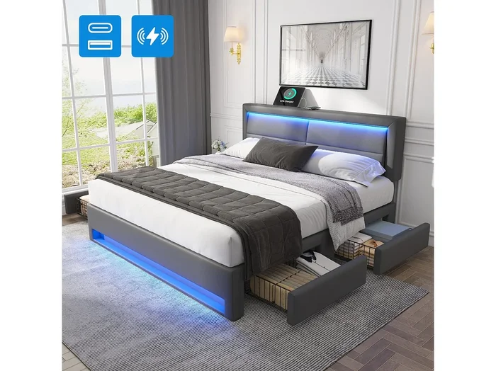 Cama tapizada 160×200 cm PU con LED, puertos USB, 4 cajones, almacenaje dormitorio gris