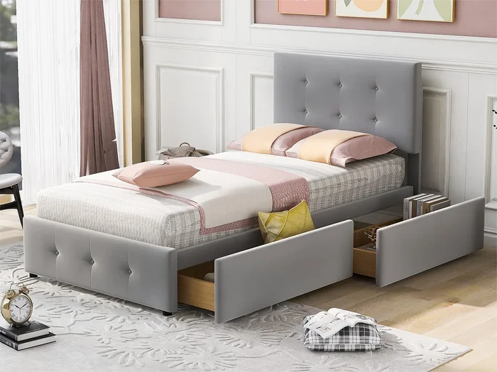 Cama tapizada 90 x 200 cm con 2 cajones – Terciopelo – Somier de láminas incluido – Gris