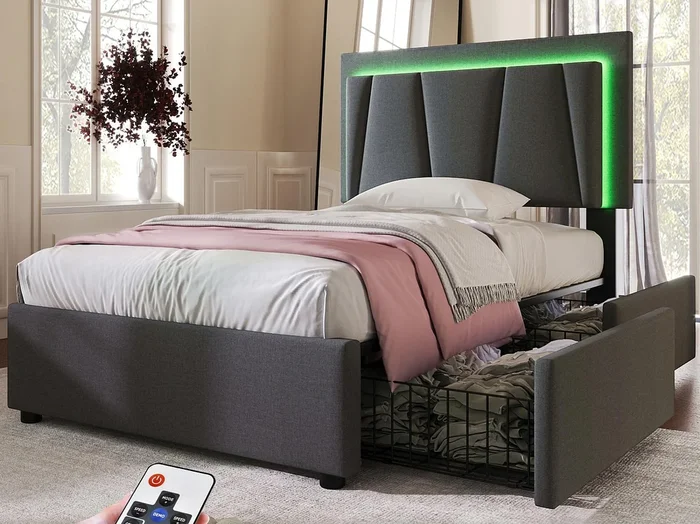 Cama tapizada 90x200cm en lino – con 2 cajones + LED + somier – Gris