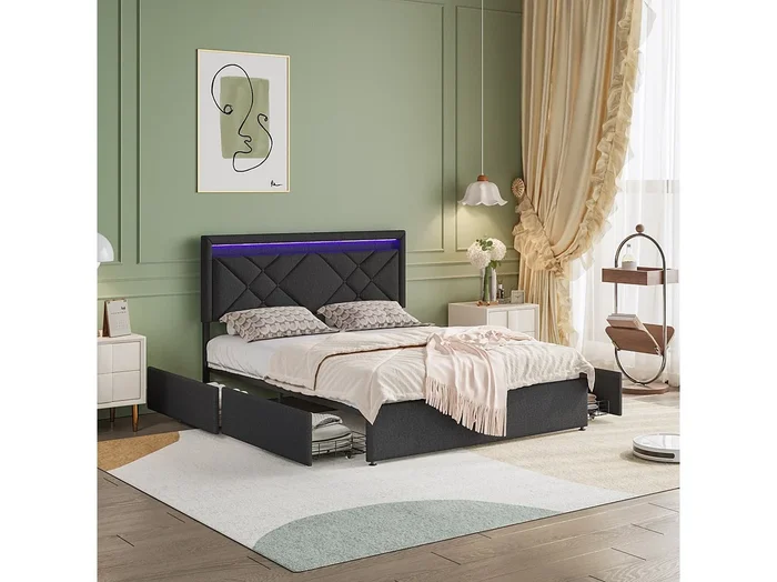 Cama tapizada Cama de matrimonio 160x200cm con 4 cajones con LED y USB