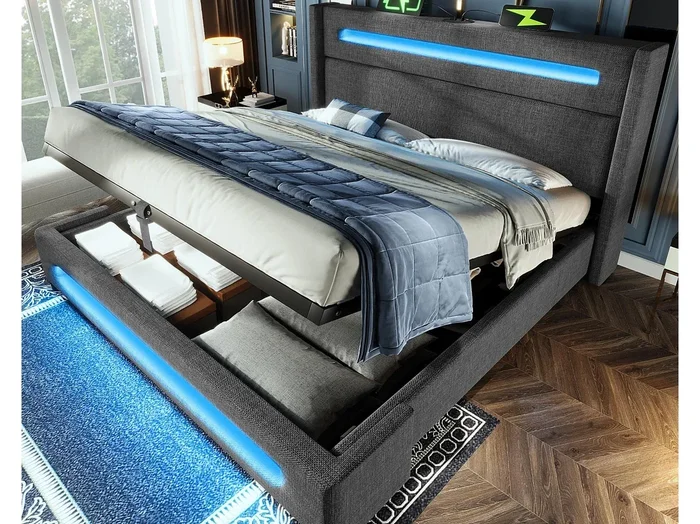 Cama tapizada con almacenaje 140×200 cm – con LED y puertos de carga USB – Tela de lino – Con base de listones – Gris (sin colchón)
