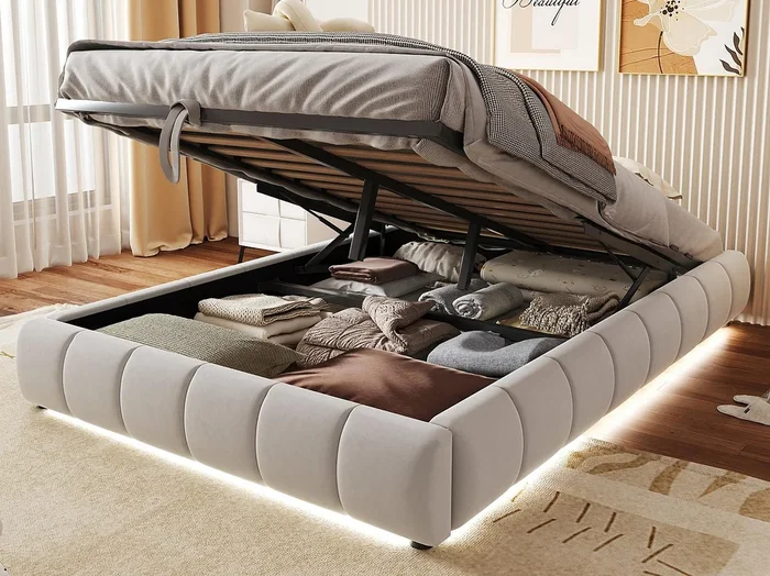 Cama tapizada con almacenaje 140x200cm – con tira de luces LED (color sólido) – Beige (colchón no incluido)