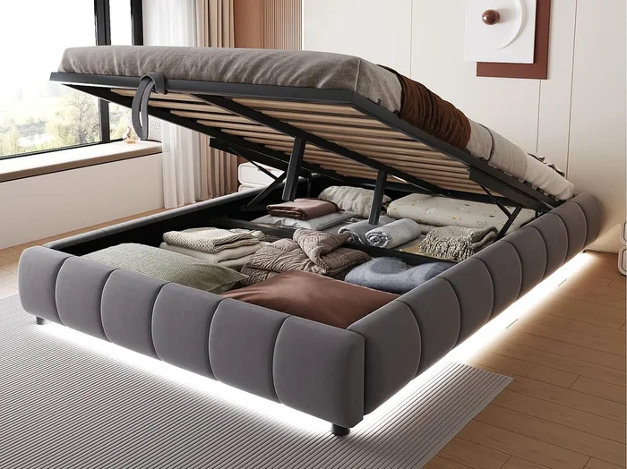 Cama tapizada con almacenaje 140x200cm – con tira de luces LED (color sólido) – gris (colchón no incluido)