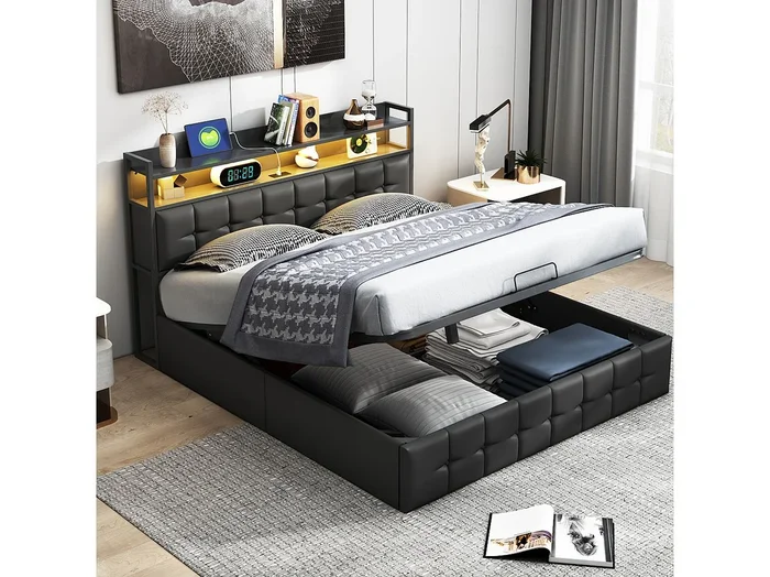 Cama tapizada con almacenaje de 160 x 200 cm en piel sintética – Con LED y puerto de carga – Color negro