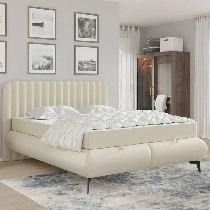 Cama tapizada con colchones y espacio de almacenamiento ALEXA 140×200 cm beige
