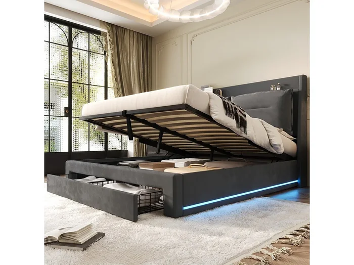 Cama tapizada con iluminación LED,140 x 190 cm,cajones 2 en 1 en los pies de la cama