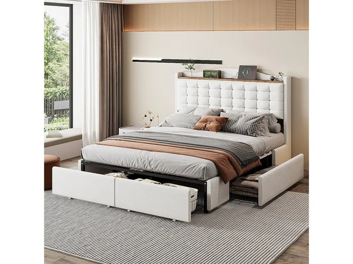 Cama tapizada de 140 x 200 cm con 4 cajones y carga USB – Tejido de lino – para adultos – Beige