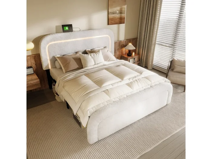 Cama Tapizada de 160×200 cm – Cama Matrimonial con Luz LED y Carga USB – cabecero Ajustable – tejido Sherpa Blanco