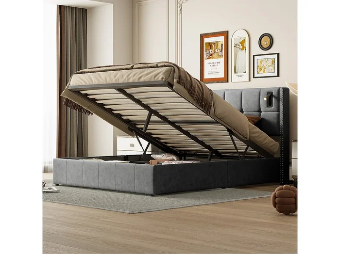 Cama tapizada de 160x200cm con somier y luces de lectura, cama doble con canapé, terciopelo, gris