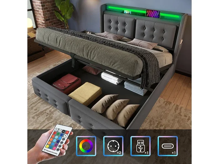Cama tapizada de 180 x 200 cm,cama doble con cabecero LED y función de carga USB-C