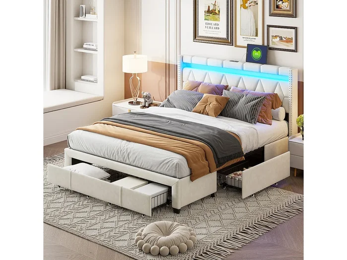 Cama tapizada de matrimonio 140x200cm con 4 cajones y LED, USB, estructura de cama, lino beige