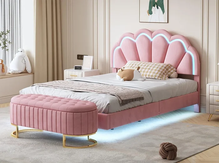 Cama tapizada de terciopelo con LED – 140x200cm – con banco de almacenaje – Rosa