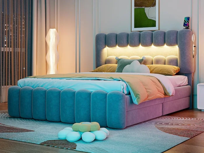 Cama tapizada en terciopelo – 160x200cm – 4 cajones + LED + Puertos de carga + Lector – Gris