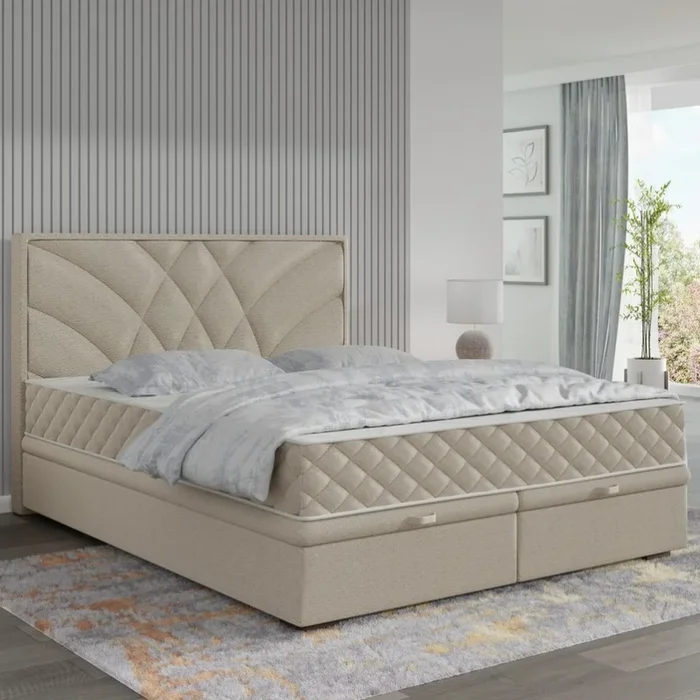 Cama tapizada GINA 140 x 200 cm beige con colchones y espacio de almacenamiento