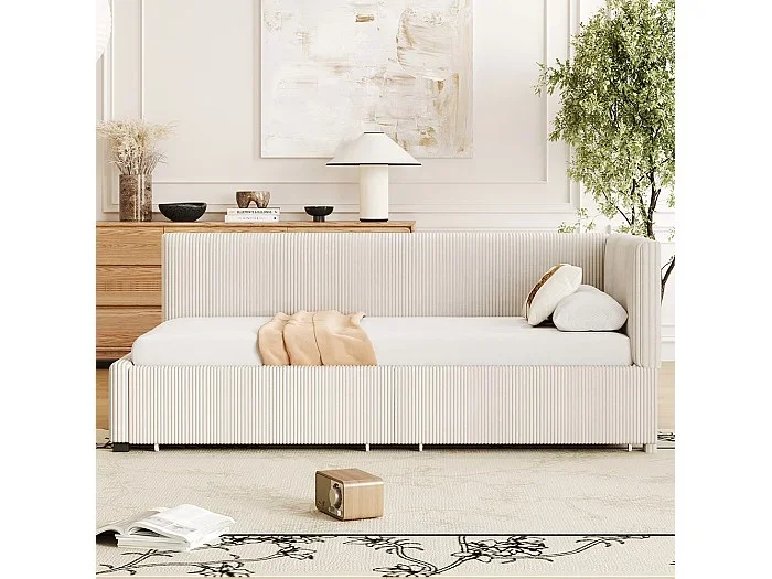 Cama tapizada, sofá cama 90*200 cm, con 2 cajones grandes, tejido de terciopelo agradable a la piel, beige