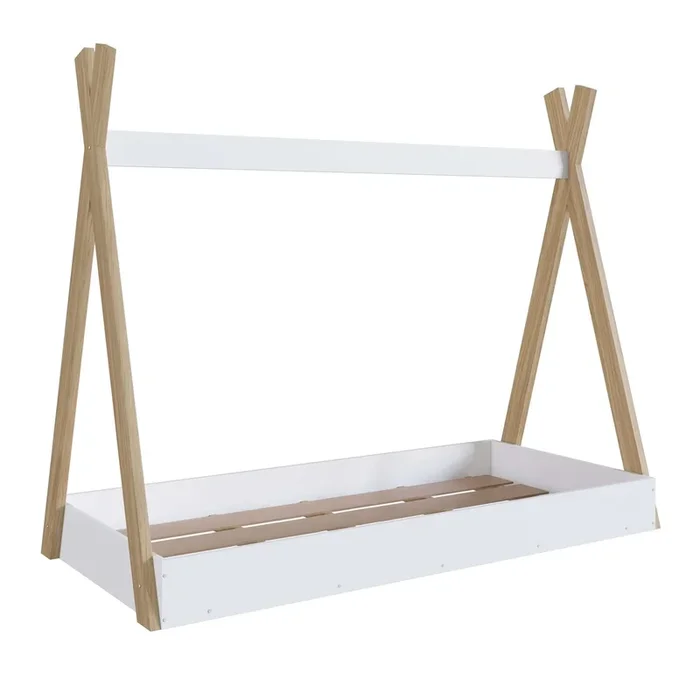 Cama Tipi Infantil Montessori, Cama Para Niños con Láminas de Somier, Melamina Blanco Mate y Roble 80×190 cm