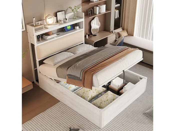 Cama vintage con almacenaje – 90×200 – con USB + cabecero tapizado con almacenaje – Metal + tela + MDF – blanco