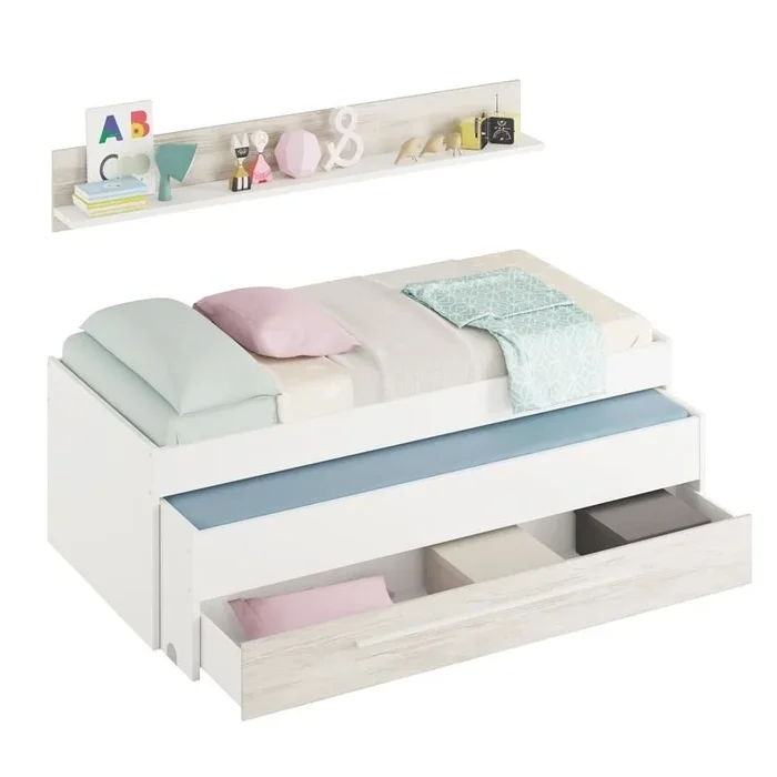 Cama y estante aglomerado blanco sin somieres y colchones 65x199x96cm