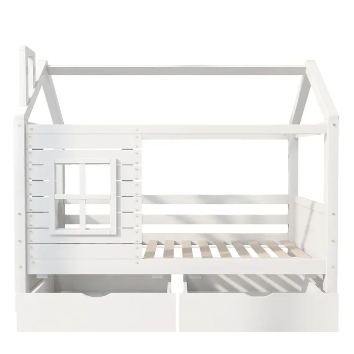Camarote 90×200 cm con 2 cajones – forma de casa – madera maciza – Blanco