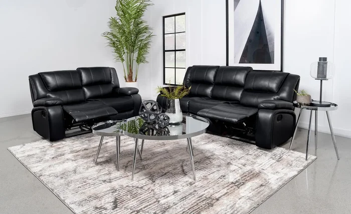 Camila Black 2-piece Upholstered Motion Reclining Sofa Set