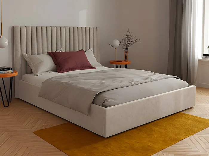 Canapé abatible 140 x 190 cm con cabecero con costuras verticales – Tela – Beige + Colchón – SARAH