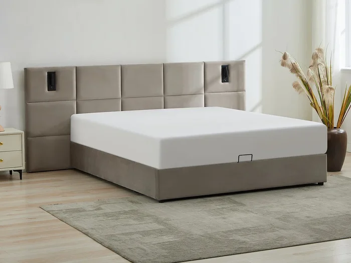Canapé abatible 180 x 200 cm con cabecero y lámpara integrada – Terciopelo – Topo – SARETO