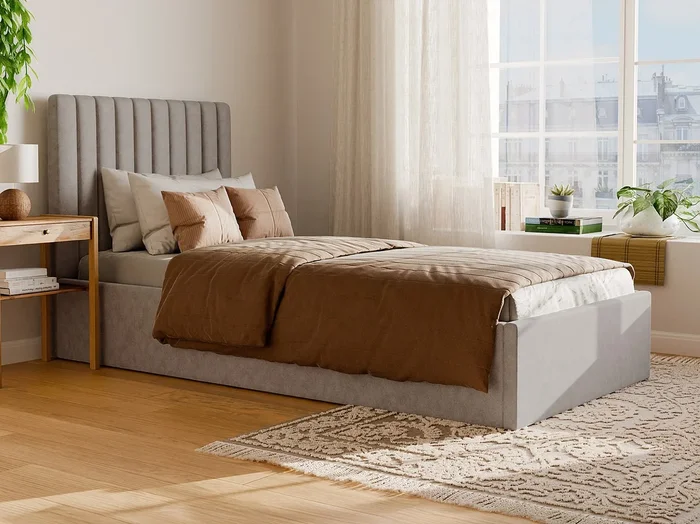 Canapé abatible 90 x 190 cm con cabecero de costuras verticales – Tela – Beige – SARAH