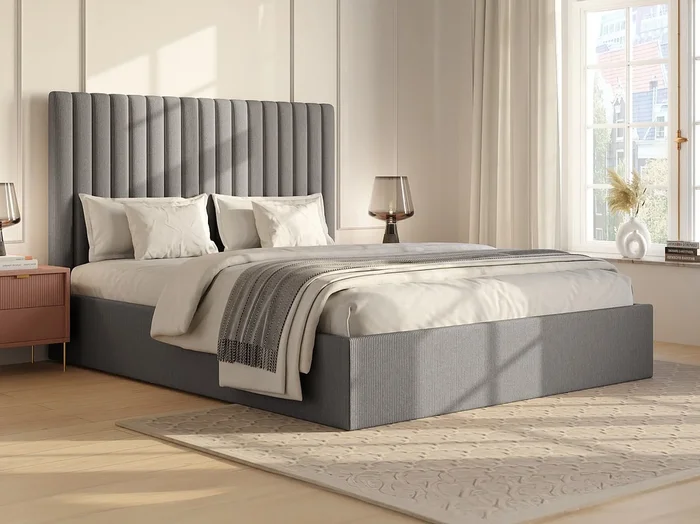 Canapé abatible de 160 x 200 cm con cabecero acolchado de costuras verticales – Pana – Gris + Colchón – SARAH
