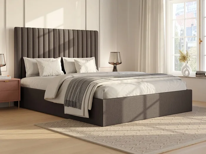 Canapé abatible de 160 x 200 cm con cabecero de costuras verticales – Pana – Topo + Colchón – SARAH
