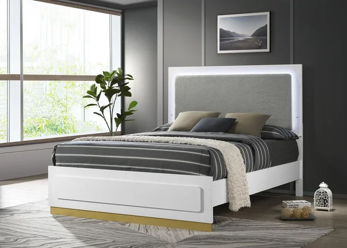 Caraway White and Gray Eastern King Bed with LED Headboard