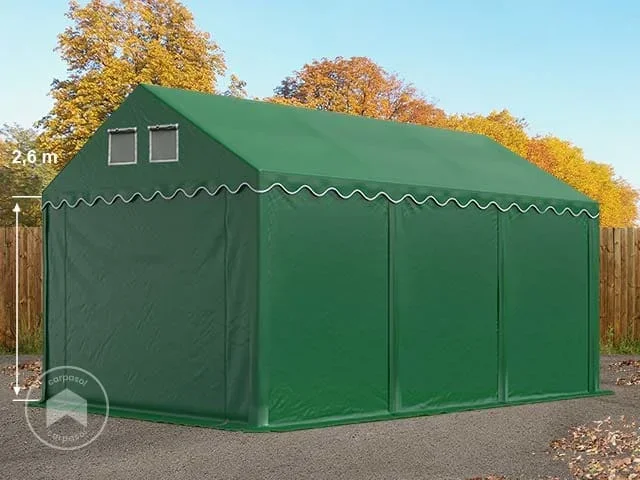 Carpa almacén 3×6 m – altura lateral 2,6m, PVC 800, con base reforzada, verde oscuro, sin Estática